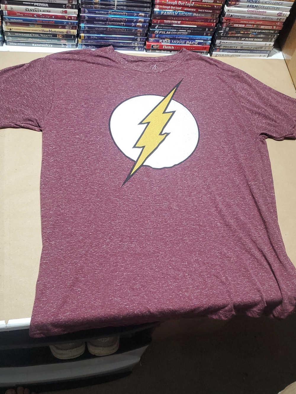 DC Men's Maroon Short Sleeve Tee with White Circle and Yellow Lightning Bolt